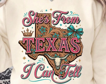 Shes From Texas I Can Tell SVG PNG, Tooled Leather Longhorn Crown Bow Western Cowgirl Sublimation Cute Country Rodeo Digital File