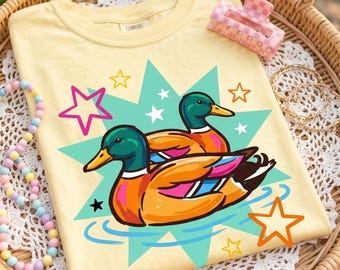 Preppy Duck PNG SVG Colorful Summer Lake Design, Cute Mallard Ducks Illustration, Girly Preppy Shirt Graphic Digital Download