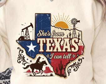Shes From Texas SVG PNG, Vintage Retro Cowboy Graphics Western Sublimation, Country Girl State Pride Digital Download For Boutiques
