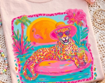 Preppy Summer PNG Viral Summer PNG Girly Beach Tee Retro Leopard Shirt Design Cute Summer Colorful Summer Vibes png Sublimation