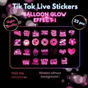 Könnte beinhalten: Eine Sammlung von 22 pinkfarbenen und weißen Tik Tok Live-Stickern mit Ballon-Glow-Effekt. Die Sticker enthalten Wörter wie "WOW", "LOVE" und "QUEEN" sowie verschiedene Formen und Designs. Das Bild enthält auch den Text "PNG file 2000x2000 px".