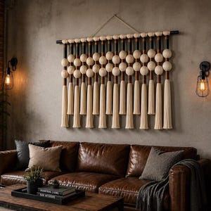 Op de afbeelding: Een wandhanger met een horizontale zwarte roede en een reeks verticale donkerbruine koorden. Elk koord is versierd met twee crèmekleurige bolvormige kralen en eindigt in een lange, crèmekleurige kwast, wat een symmetrisch patroon vormt.
