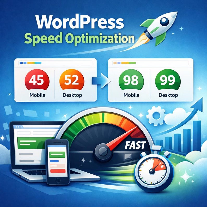May include: An illustration promoting WordPress speed optimization. The image features a rocket, speedometer, laptop, smartphone, and stopwatch. The text reads "WordPress Speed Optimization" and displays before and after speed scores for mobile and desktop.