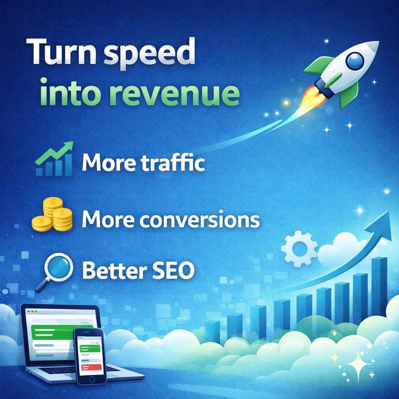 May include: A digital marketing graphic with a blue background and a rocket ship launching upwards. Text includes "Turn speed into revenue," "More traffic," "More conversions," and "Better SEO." A laptop and smartphone are in the lower left.