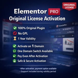 May include: A promotional image for Elementor Pro, featuring the text "Elementor PRO Original License Activation." Key features highlighted include "100% Original Plugin," "1 Year Validity," and "Activate on 1 Domain." The image has a dark blue background.