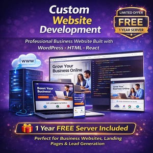 Op de afbeelding: Advertentie voor de ontwikkeling van websites op maat. De afbeelding toont een laptop, smartphone en computerscherm met website-ontwerpen. Tekst bevat "Custom Website Development" en "1 Year FREE Server Included."