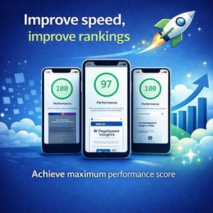 May include: An illustration with three smartphones displaying performance scores of 100, 97, and 100. A rocket ship graphic and an upward trending arrow are also present. Text reads: "Improve speed, improve rankings" and "Achieve maximum performance score."
