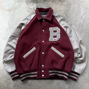 Kastanjebruine wollen varsityjack, uniseks college bomber, vintage streetwear B-patch