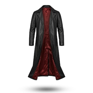 May include: A long black leather coat with a notched collar and a deep red satin lining. The coat is open, revealing the lining, and has a classic trench coat design. The coat appears to be floating against a white background.