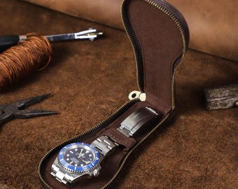 Personalized Leather Watch Case, Single Watch Travel Organizer, Customized Leather Watch Pouch, Engraved Watch Protector, Gift for Him
