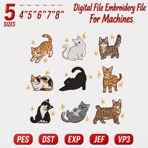 Puede incluir: Un archivo de bordado digital para máquinas con nueve ilustraciones de gatos en varias posturas, incluyendo gatos naranjas, blancos, atigrados, tricolores, negros, manchados, bicolor y grises, con estrellas amarillas y el texto 5 SIZES 4" 5" 6" 7" 8".