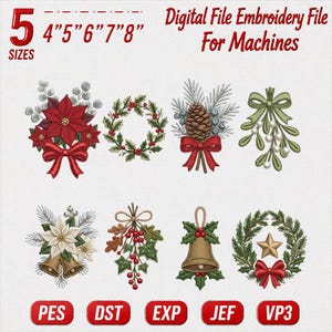 Puede incluir: Un conjunto de archivos de bordado digital para máquinas con ocho diseños navideños que incluyen flores de pascua, coronas, piñas, muérdago y campanas. El texto dice 5 SIZES 4" 5" 6" 7" 8" Digital File Embroidery File For Machines con formatos PES, DST, EXP, JEF, VP3.