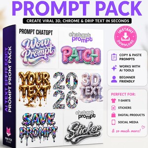 May include: A digital product pack with the text "AI TEXT EFFECT PROMPT PACK" and examples of text effects. Includes prompts for T-shirts, stickers, and digital products. The pack promises instant download and unlimited creative possibilities.