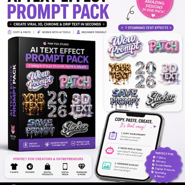 AI Text Effect Prompt Pack | 3D Chrome Drip Text Generator | Canva AI Prompts | Holographic, Gold, Diamond Text | Digital Download