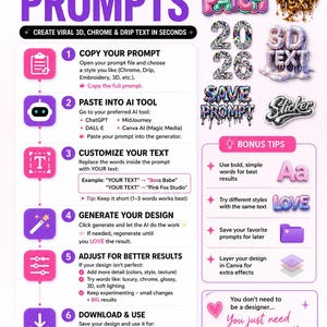 May include: Informational graphic with instructions on using AI text effect prompts. The guide includes steps for copying, pasting, customizing, generating, and adjusting designs. Includes examples of text effects and bonus tips. The Pink Fox Studio logo is at the bottom.