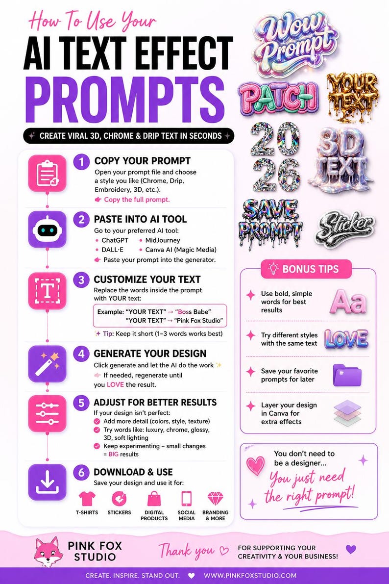 May include: Informational graphic with instructions on using AI text effect prompts. The guide includes steps for copying, pasting, customizing, generating, and adjusting designs. Includes examples of text effects and bonus tips. The Pink Fox Studio logo is at the bottom.