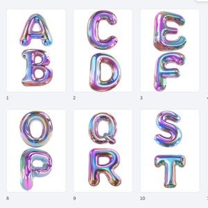 May include: A collection of iridescent, bubble-like letters, including A, B, C, D, E, F, O, P, Q, R, S, and T. The letters have a metallic sheen with colors shifting from pink to blue and green. The letters are isolated on a white background.