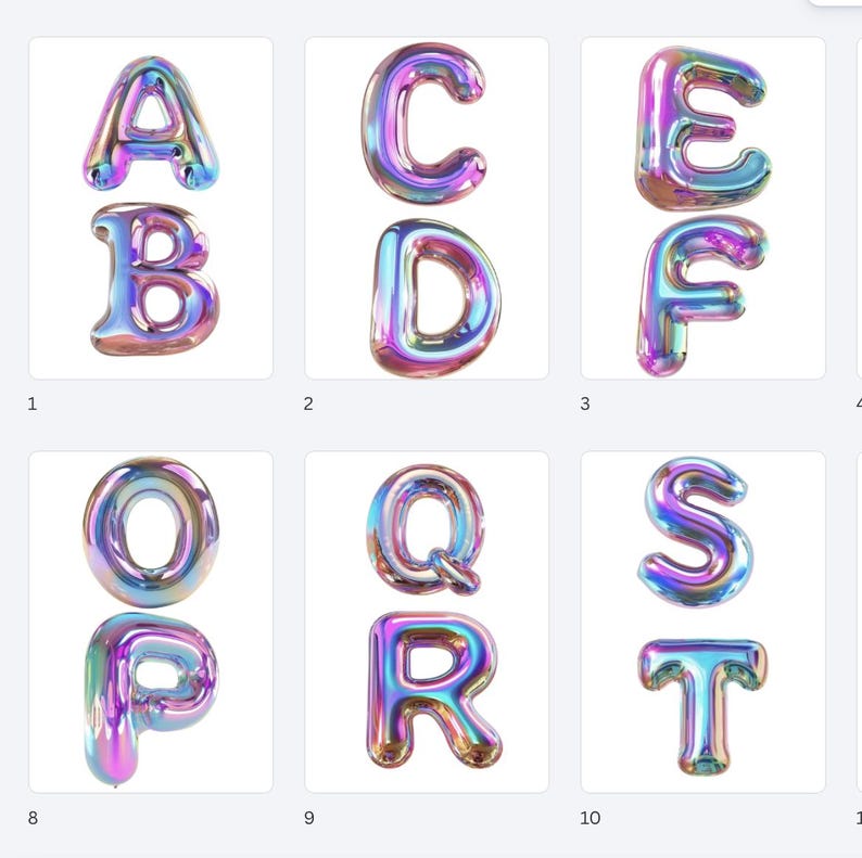 May include: A collection of iridescent, bubble-like letters, including A, B, C, D, E, F, O, P, Q, R, S, and T. The letters have a metallic sheen with colors shifting from pink to blue and green. The letters are isolated on a white background.