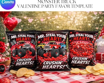 Monster Truck Valentine Chip Bag Template | Boys Party Favor (Digital Download)