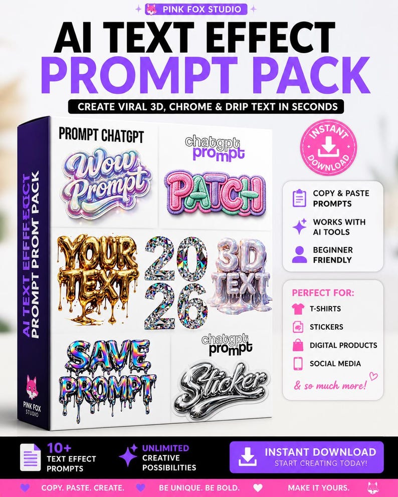 May include: A digital product pack with the text "AI TEXT EFFECT PROMPT PACK" and examples of text effects. Includes prompts for T-shirts, stickers, and digital products. The pack promises instant download and unlimited creative possibilities.