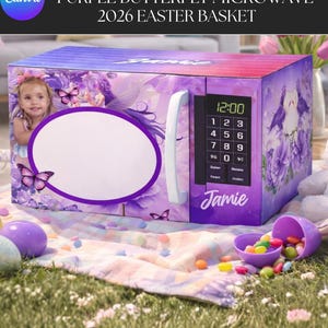 May include: A purple microwave oven with a butterfly and fairy design. The microwave has a digital clock display and a keypad. The text "Jamie" is written on the side. The image also includes Easter eggs and candy.