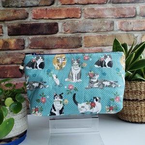 Cats, fabric, zipper pouch, make up bag, cosmetic pouch, catlady Teal & tiny flowers