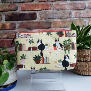 Cats, fabric, zipper pouch, make up bag, cosmetic pouch, catlady Yellow with plants