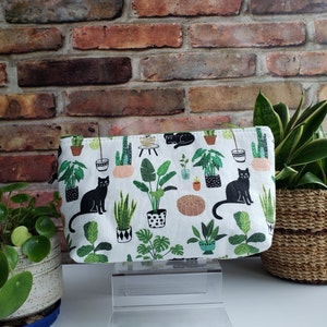 Cats, fabric, zipper pouch, make up bag, cosmetic pouch, catlady White with plants