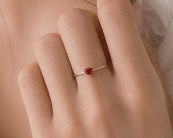 Ruby Heart Birthstone Promise Ring, Dainty Gold Plated Stacking Band, Minimalist Stainless Steel Friendship Jewelry, Birthday Gift for Her