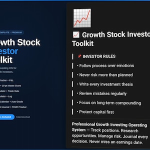 Könnte beinhalten: Eine digitale Notion-Vorlage mit dem Titel Growth Stock Investor Toolkit. Die Benutzeroberfläche hat einen dunklen Hintergrund mit weißem Text und listet Anlegerregeln, Portfolio-Tracking, Watchlists, Risikorechner und ein Investitionstagebuch auf.