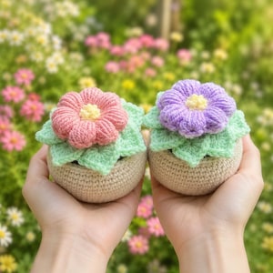 Könnte beinhalten: Zwei gehäkelte Topfpflanzen mit runden beigen Basen und hellgrünen Blättern. Eine Pflanze hat eine rosa Blüte mit gelber Mitte, die andere eine violette Blüte mit gelber Mitte. Die Objekte sind aus Garn mit einer strukturierten Oberfläche gefertigt.