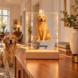 May include: A rectangular acrylic light panel featuring a golden retriever illustration and the name Sunny in black script, mounted on a light wood base. The panel is illuminated, highlighting the dog's golden fur and pink tongue.