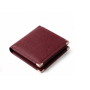 Burgundy Pebbled Leather Compact Bifold Wallet – Luxury Card Holder with Gold Corner Accents