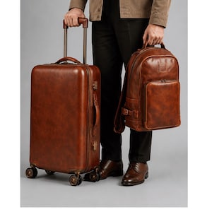 Luxury Brown Leather Travel Set – Rolling Suitcase & Backpack