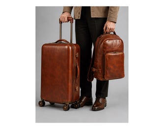 Luxury Brown Leather Travel Set – Rolling Suitcase & Backpack