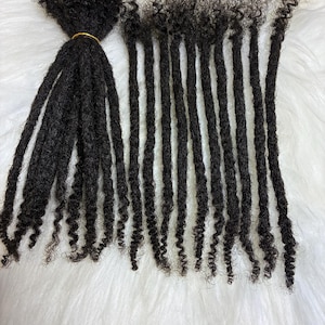 Op de afbeelding: Een verzameling donkerbruine, voorgevormde dreadlocks. De dreadlocks zijn gerangschikt op een witte, zachte ondergrond. Eén bundel is vastgezet met een goudkleurige band, terwijl de andere los zijn. De uiteinden van de dreadlocks hebben een krullende textuur.
