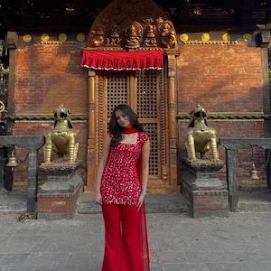 Georgette Kurta Set für Frauen, Bootcut-Hosenanzug, Fadenfolge-Arbeit Kurti-Set mit Dupatta, festliches ethnisches Outfit, Hochzeitskleidung