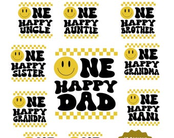 One Happy Dude Matching Birthday SVG Bundle, 1st Birthday PNG, Retro Smiley Face Family Shirts Design (Digital Download)