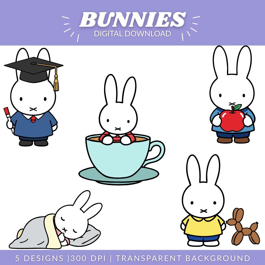 Cute Bunny SVG PNG Bundle | 5 Kawaii Pastel Rabbit Clipart | Minimalist ...