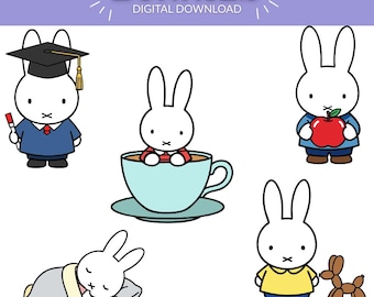Süßer Hase SVG PNG Bundle | 5 Kawaii Pastell Kaninchen Clipart | Minimalistisches Cartoon-Häschen für Sticker, Cricut & digitaler Download