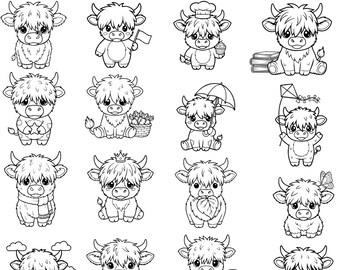 Highland Kuh SVG Bundle 16 Designs | süße Baby Kuh Doodle Clipart | Bauernhof Tiere Bündel | Highland Kuh Dekor | Kuh SVG für Cricut