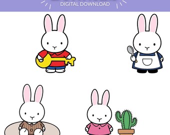 Cute Bunny SVG & PNG Bundle | 4 Kawaii Rabbit Designs | Minimalist Pastel Bunny Clipart for Cricut, Stickers and Nursery Art | Digi Download