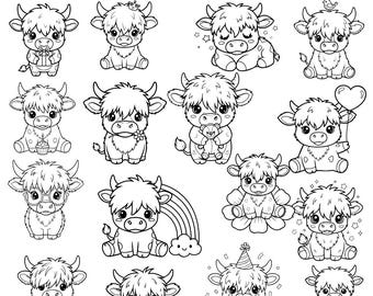 Highland Kuh SVG Bundle 16 Designs | süße Baby Kuh Clipart | Bauernhof Doodle Bundle, Highland Kuh Dekor, Kuh SVG Cricut digitaler Download