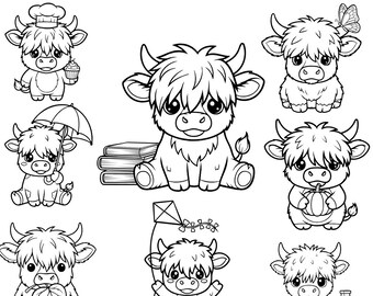 Baby Highland Kuh SVG Bundle 8 Designs | Süße Kuh Doodle Clipart | Bauernhof Tiere Bündel | Highland Kuh Dekor | Kuh SVG für Cricut