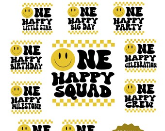 Ein glücklicher Dude passender Geburtstag SVG Bundle 20 Designs, 1. Geburtstag PNG, Retro Smiley Familie Shirt-Dateien für Cricut (digitaler Download)