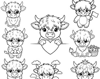 Highland Kuh SVG Bundle 8 süße Designs | Baby Kuh Doodle Clipart | Bauernhoftiere Highland Kuh Bündel | Kuh svg für Cricut, Highland Kuh Decor