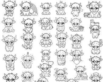 Süße Highland Kuh SVG Bundle 32 Designs | Baby Kuh Doodle Clipart Bundle | Bauernhof Tiere Kuh svg | Highland Kuh Dekor | Cricut Silhouette