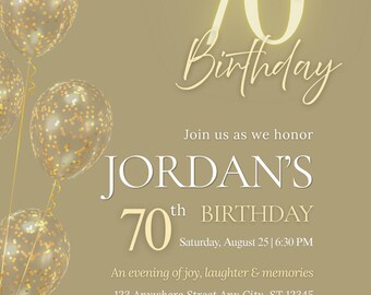 70th Birthday Invitation Template Gold | Elegant 70th Birthday Invite Canva Editable | Black Gold Party Invitation 5x7 Printable