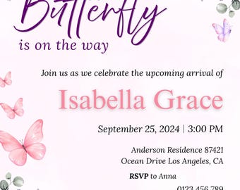 Butterfly Baby Shower Invitation Template | Purple Butterfly Floral Invite Canva Editable | Baby Girl Shower Invitation 5x7 Printable