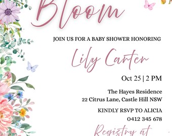 Baby in Bloom Baby Shower Invitation Template | Wildflower Floral Baby Shower Invite Canva Editable, Spring Garden Baby Shower 5x7 Printable